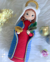 Poupée chrétienne amigurumi faite à la main avec un châle bleu et un halo, poupées religieuses créatives au crochet, décoration de Noël