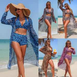Set Bikini da Spiaggia 3 Pezzi per Donna con Copricostume Lungo Trasparente, Pantaloncini a Vita Alta e Stampa Leopardata Colorata per Spiaggia e Piscina - Product Image 6