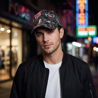 Casquette de baseball camouflage métallique personnalisée en gros, 6 panneaux, visière pré-courbée, bouton supérieur rouge, fabricant OEM ODM, vente en gros, faible MOQ, usine
