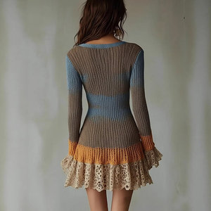 Abito <span class=keywords><strong>a</strong></span> Maniche Lunghe con Scollo <span class=keywords><strong>a</strong></span> V in Maglia, <span class=keywords><strong>Vestito</strong></span> Corto Sexy con Scollo <span class=keywords><strong>a</strong></span> V, Abito in Maglia con Dettagli Colorati, Direttamente dalla Fabbrica - Product Image 5
