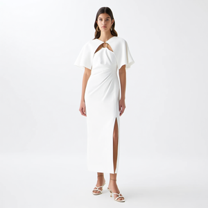 <span class=keywords><strong>Abito</strong></span> <span class=keywords><strong>Midi</strong></span> da Donna Elegante e Minimalista su Misura, Bianco, <span class=keywords><strong>con</strong></span> Collo Alto, Cut-out, Anello Dorato, Maniche a Volant e <span class=keywords><strong>Spacco</strong></span> Alto, per Feste - Product Image 6