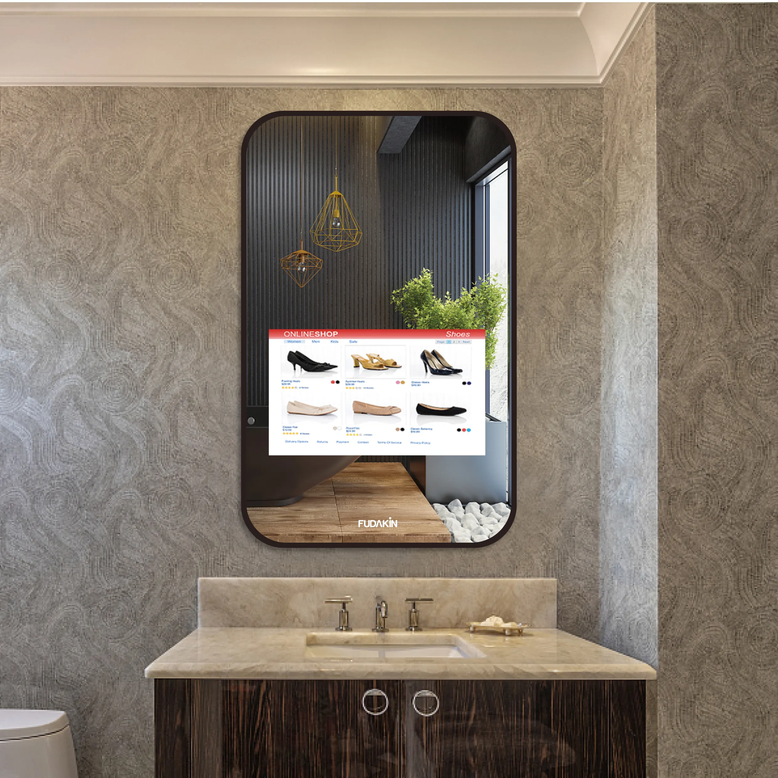 Cermin rias kamar mandi pintar, desain Model 3D dengan dekorasi dinding musik ponsel