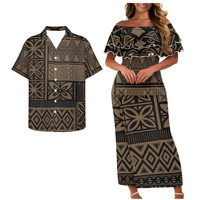 Ensemble de tenues assorties pour couple polynésien noir et or, style hawaïen pour fête Luau, robe imprimée Puletasi polynésienne et chemise pour homme