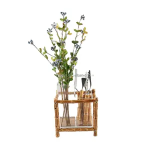 Desktop Organizer Clear Acrylic Natural Bamboo Root Rack Pencil Cup Pen Holder Cosmetics Brush Flower Bud Vase