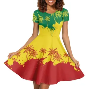 제조사 에티오피아 스타일 코코넛 팜 여성의 캐주얼 드레스 플레어 짧은 소매 여름 해변 원피스 미니 스윙 스케이터 드레스