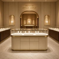 Vitrine d'îlot à bijoux arrondie, design minimaliste et luxueux, présentoir haut de gamme pour bijouterie, showroom et image de marque
