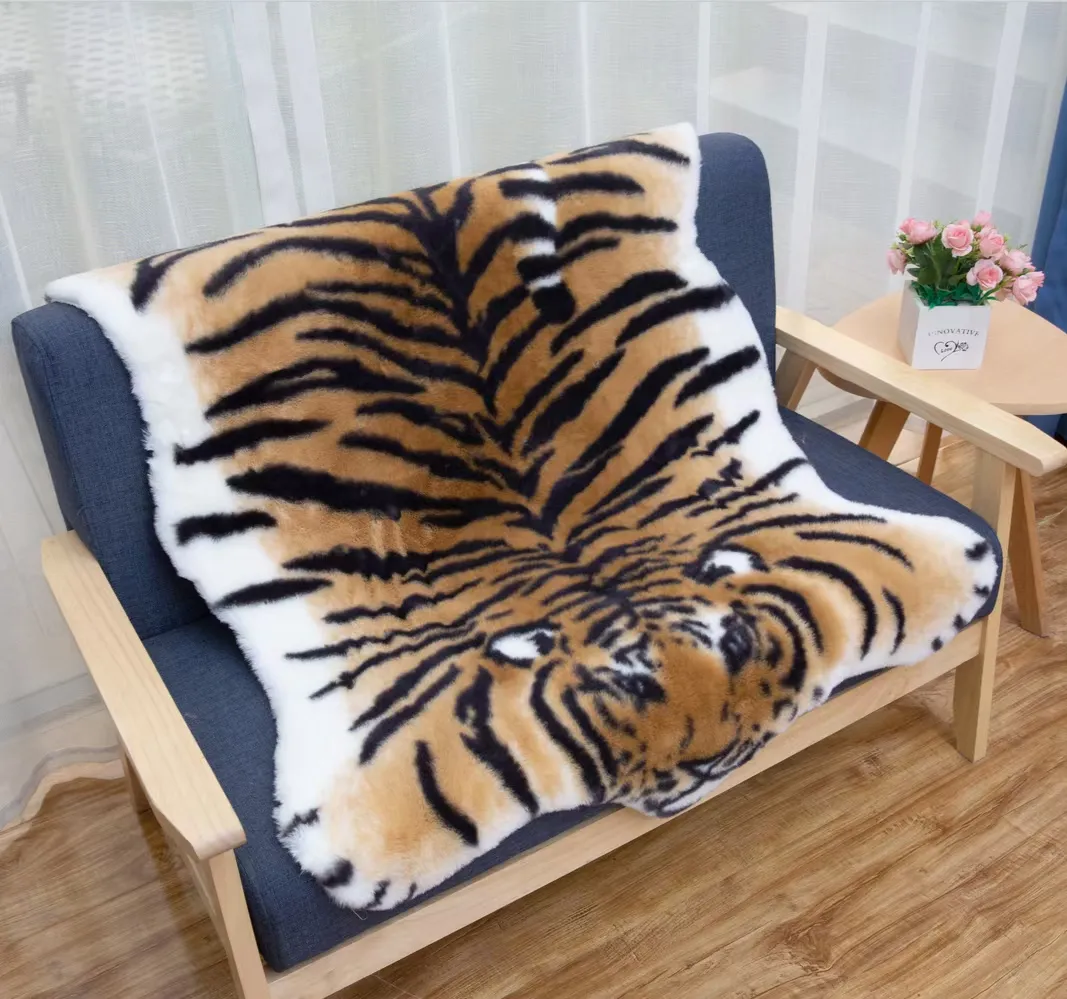 Tapis de tapis personnalisé avec impression de tigre, fausse fourrure de lapin, peau d'animal, carpette