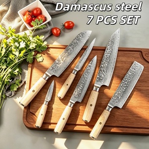 Ensemble de 7 couteaux de chef en acier Damas avec manche en bois, couteaux de cuisine professionnels pour les cuisiniers à domicile, les passionnés de cuisine, cadeau - Product Image 1