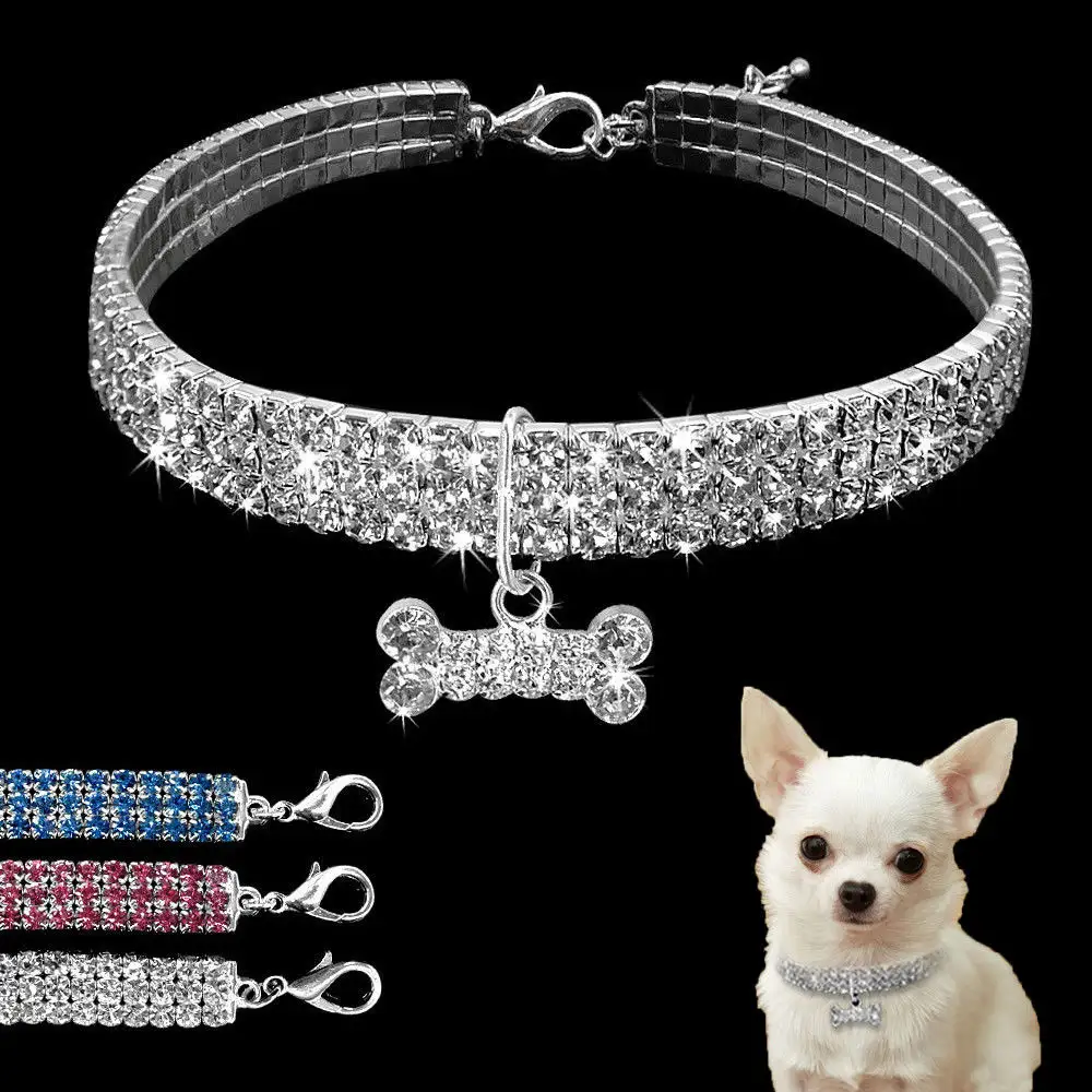 3 filas de colores mezclados estiramiento de diamantes de imitación gato y joyería diamante incrustado mascota hueso perro Collar accesorios con elástico