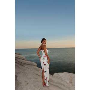 Vestido de Fiesta Blanco Onella con Cuello Alto, Mangas Cortas, Decoración Floral, Estilo Formal, Talla XS, Apto para Embarazadas - Product Image 4