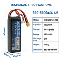 Batterie LiCoO2 OEM 44,4V 4S 5200mAh 80C pour avion/hélicoptère/bateau/drone/FPV RC avec connecteur XT90, 500 cycles, 400g, -20~60°C