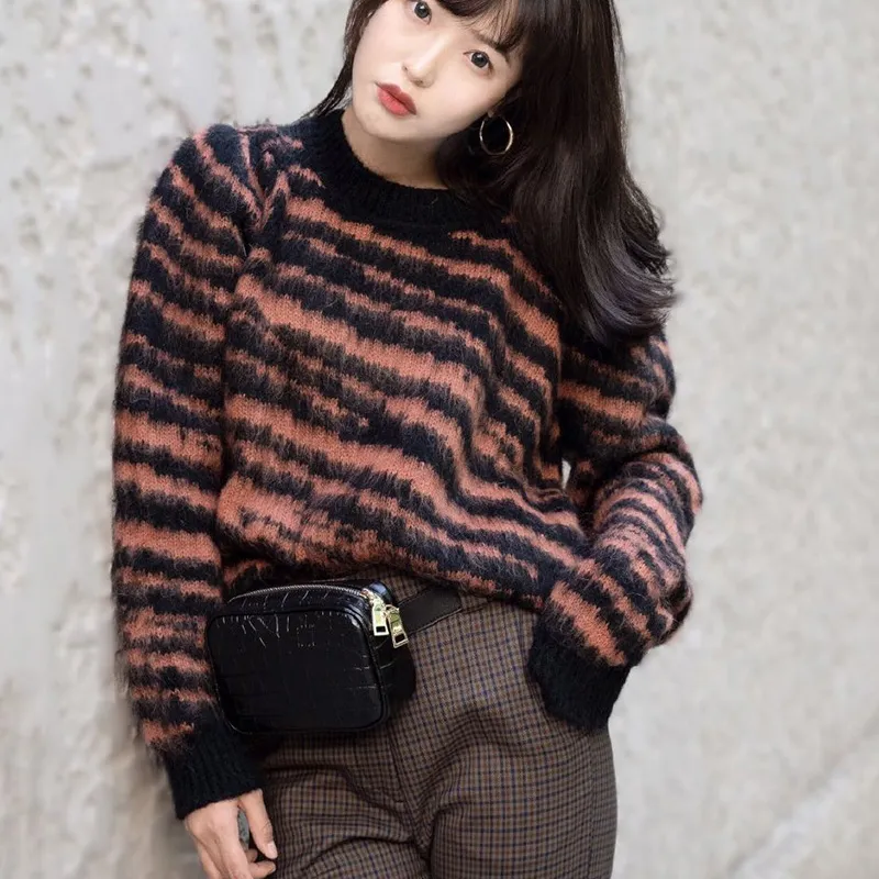 Kingsun Spring Sweater Knitted Mohair Jacquard Red And Black Zebra Pullover Mohair Sweater Jumper For Women