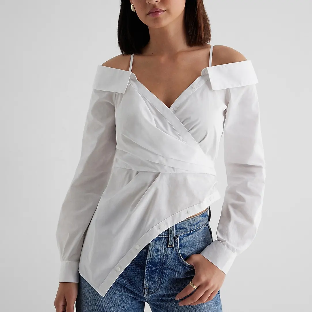 Women Offical Wear Long Sleeve White Shirt Off-The-Shoulder Wrap Asymmetrical Hem Elegant Cotton Shirt Blouse for Ladies