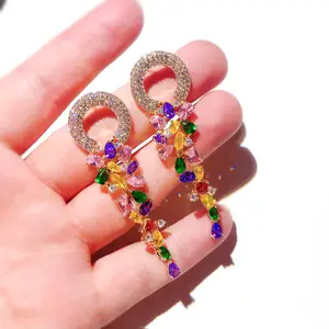 S925 Silver earrings Fashion sexy Goddess Dinner colorful zircon fringe personality exaggerated large earrings stud