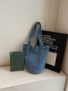 Japanese Niche Creative Feng Shui <b>Bucket</b> Small Bag for Girls' Daily Shopping Travel Embroidered Small Flowers Casual Cotton - Product Image 2