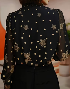 Blusa de Gasa con Estampado Floral y Puntos para Mujer, Cuello en V con Volantes, Manga Larga, Transparente, para Uso Casual y de Oficina - Product Image 4