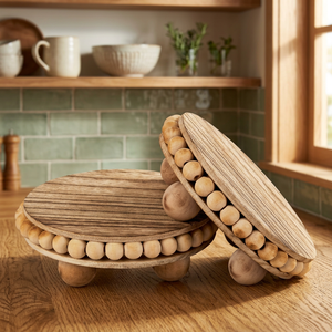 Portavasos y Plato de Aromaterapia Multifuncional Redondo de Madera Rústico Estilo Granja de 2 Piezas con Acabado Desgastado y Cuentas - Product Image 3
