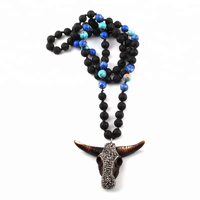 Collier noué pour femme de 8 mm avec perles de lave et perles Empire, pendentif tête de taureau en cristal pavé