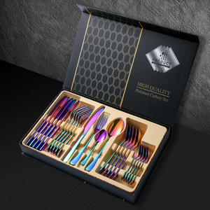 Juego de cubiertos de acero inoxidable, Set de 24 piezas con caja, cuchillo, tenedor, cuchara, cubiertos azules - Product Image 3