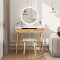 Vente en gros de coiffeuse moderne en bois de 31,5 pouces avec miroir éclairé, tabouret rembourré, table à 2 tiroirs, 3 modes d'éclairage réglables