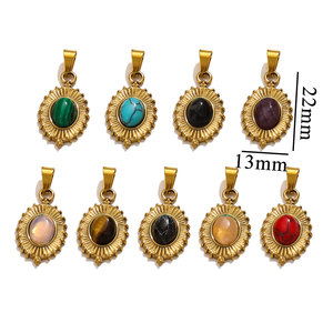 Colgantes Ovalados de Piedra Natural con Diseño de Rayos de Sol |   Acero Inoxidable Chapado en Oro PVD de 18K y Piedras Ovaladas para la Fabricación de Joyas - Product Image 3
