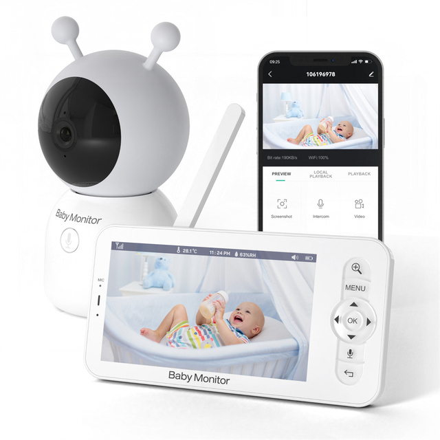 Wifi 720P 5-Inch Baby Monitor Night Vision Two-way Audio 1080P Resolution 2.4GHz Wifi Wireless App Control Baby Motion Detection