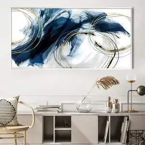 Pittura moderna acrilica decorazione della casa pittura a olio astratta arte della parete tela senza cornice stampa UV in legno blu e bianco W-7