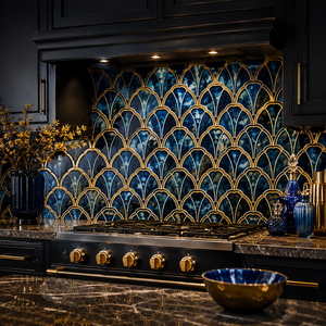 <span class=keywords><strong>Mosaico</strong></span> di Lusso Impermeabile a Forma di Ventaglio in Vetro Blu e Metallo Dorato per Decorazione di Pareti Interne di Hotel, Bagni e Hall - Product Image 1