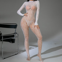 Witte zijden mesh bodysuit voor dames, lange mouwen, transparant, sexy lingerie, nylon kousen, strakke jumpsuit