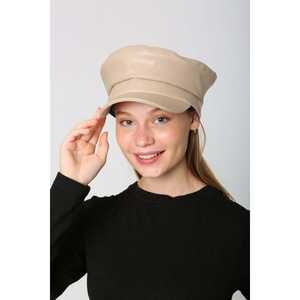 Casquette de sport élégante et moderne en cuir synthétique beige avec large bord et détails de couture - Modèle SPK1127 - Product Image 5