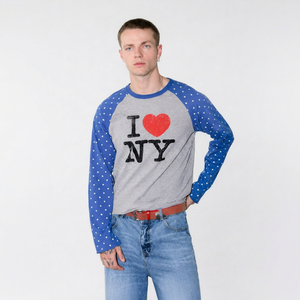 T-shirt à manches raglan pour homme I Love NY, étoiles bleues, corps gris, col rond, coupe décontractée, jersey de coton, imprimé numérique sur le devant, 320g - Product Image 1