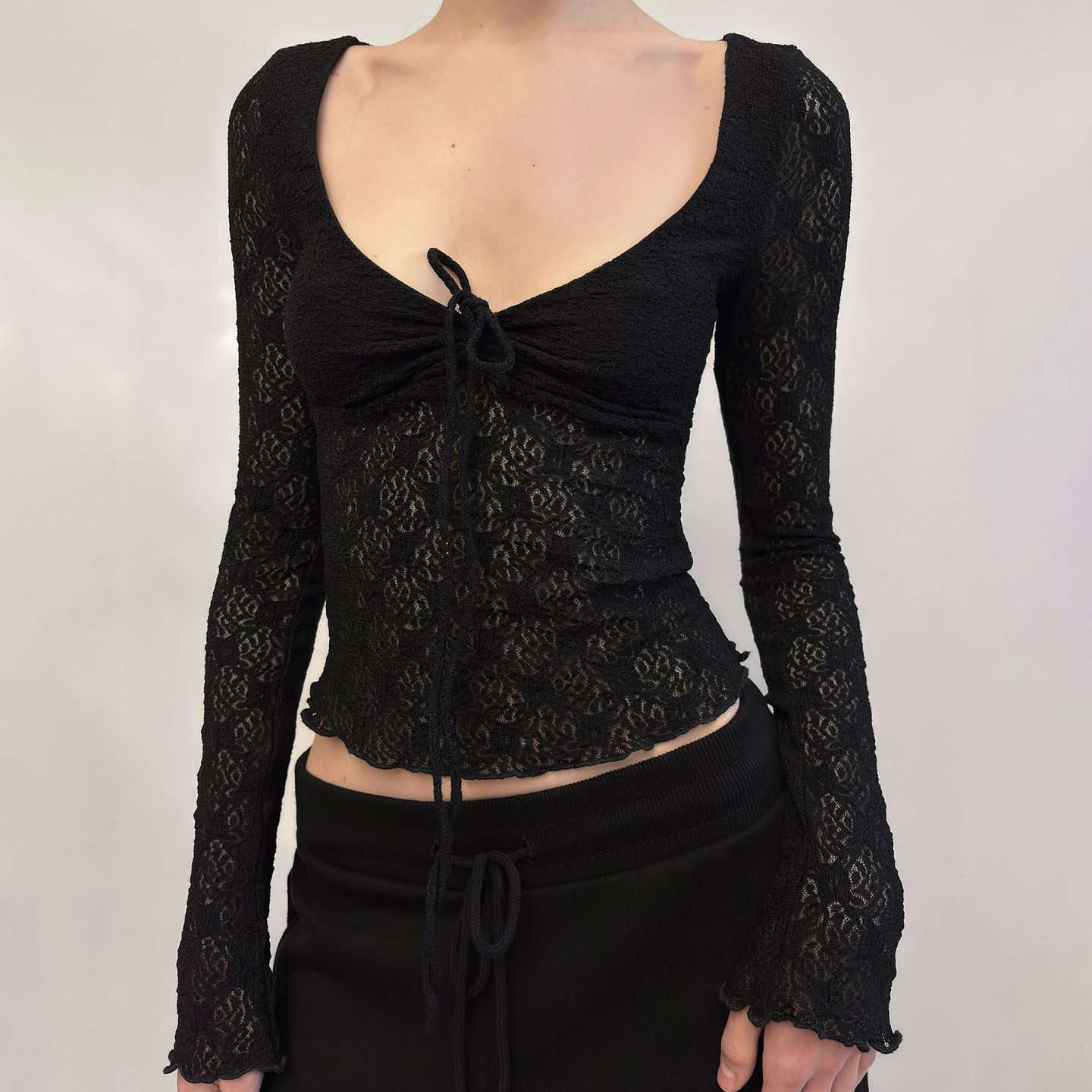 Dark Style Black Lace Sheer V Neck Tie Front Summer Casual Women's