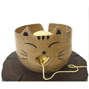 Cat Design White Yarn Bowl Ceramic Knitting Bowl