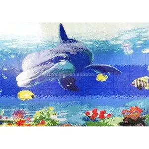 Handmade The Underwater World Decorative Dolphin Pattern Glass Mosaic Mural Ocean Turtle Clownfish Blue swimming pool tile