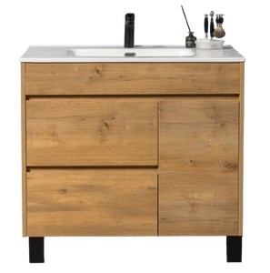 Mueble de Baño Independiente con Acabado en Película de PVC, Espejo y Gabinete con Patas, Mueble de Baño Moderno - Product Image 1