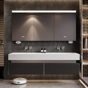 Meuble-lavabo mural <span class=keywords><strong>de</strong></span> luxe moderne gris foncé à double tiroir avec vasque intégrée et armoire miroir LED intelligente anti-buée - Product Image 1