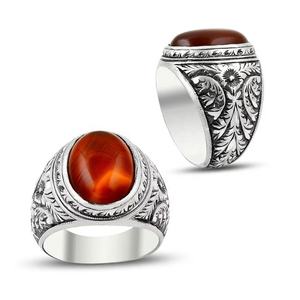 خاتم فضة تركي عتيق بالجملة من العقيق الأسود والفضة عيار 925 مع حجر فيروز، خاتم عقيق تركي فضي للرجال - Product Image 1