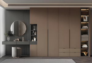 Appartement urbain Style de luxe Armoire en bois personnalisée avec cadre en acier Porte en verre Rails suspendus Étagères Meubles de chambre à coucher portables - Product Image 2