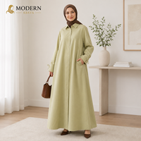 Robe longue vert clair modeste pour femme, à manches longues, boutonnée sur le devant, coupe trapèze avec poches latérales, fournisseur OEM