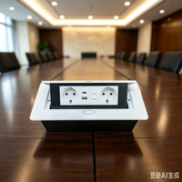 Prise de bureau escamotable MAQO, norme européenne, 3 ports USB type-C, usage commercial pour bureaux et salles de conférence.