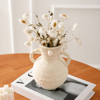Vase à fleurs artisanal Vase en terre cuite Vase en céramique blanche vintage Décor antique rustique avec 2 poignées, finition mate à large bouche