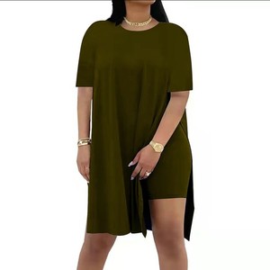 Ensemble de costume décontracté pour femmes, couleur unie, col rond ample, manches courtes, pantalon, deux pièces, SMLXL2XL3XL, Europe, Amérique, Afrique - Product Image 4