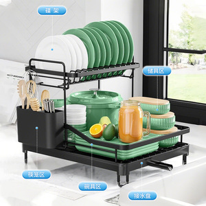 Égouttoir à vaisselle amovible pour comptoir de cuisine, double couche, avec plateau, séchage rapide, taille L - Product Image 1