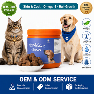 Complément alimentaire pour chiens et chats : Friandises à mâcher pour la peau et le pelage, enrichies en <span class=keywords><strong>Biotine</strong></span>, Oméga 3, Zinc, Collagène – Contre la chute de poils, pour poils ternes et digestion sensible – Pour toutes races - Product Image 1