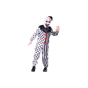 Disfraz de payaso de Halloween, mono a rayas con lunares en blanco y negro con máscara para niños de 8 a 13 años, juego de rol de cosplay - Product Image 1