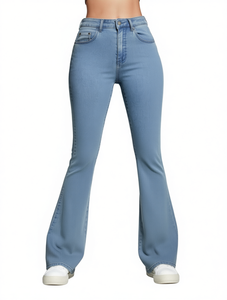 Jeans de Mezclilla de Cintura Alta con Corte Acampanado, Lavado Claro, Largos, Casuales, para Mujer, Diseño Simple, Corte Regular, Estilo Primavera - Product Image 1