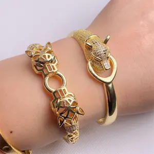 Women fashion dainty copper gold plated delicate clear rainbow zirconia pave leopard bangles Jewelry Women