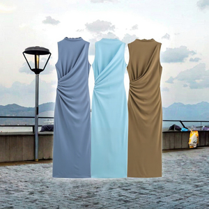 Vestido Midi Plisado sin Mangas de Gasa Tejida con Logo Frontal y Cintura Natural, Estilo Casual de Verano 2026 para Mujer - Product Image 3
