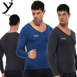 <b>Men</b> <b>Fleece</b> Lined V Neck Long Sleeved Fitness Top PRO Compression Training Wear High Stretch Running Sports <b>Shirt</b> - Product Image 2