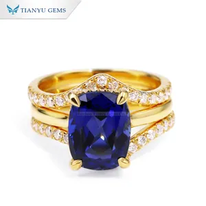Tianyu Elongated Cushion Cut Blue Lab Sapphire Women Engagement Rings Silver 925 Sterling 10K 14K 18K Wedding Ring Set